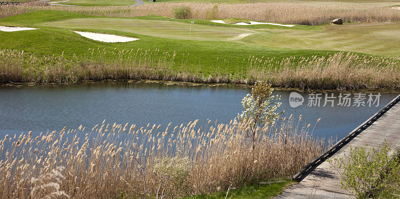 风景优美的高尔夫球场和绿色俯瞰池塘