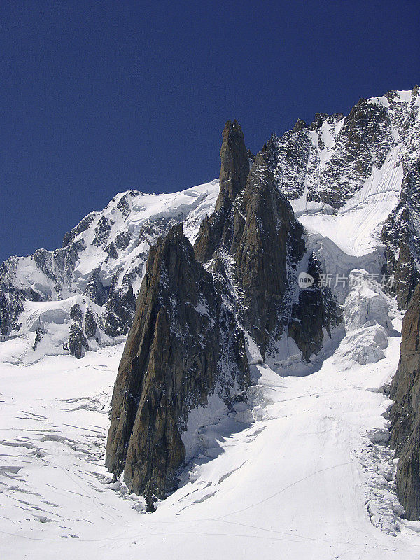 高山嶙峋的山峰上覆盖着积雪