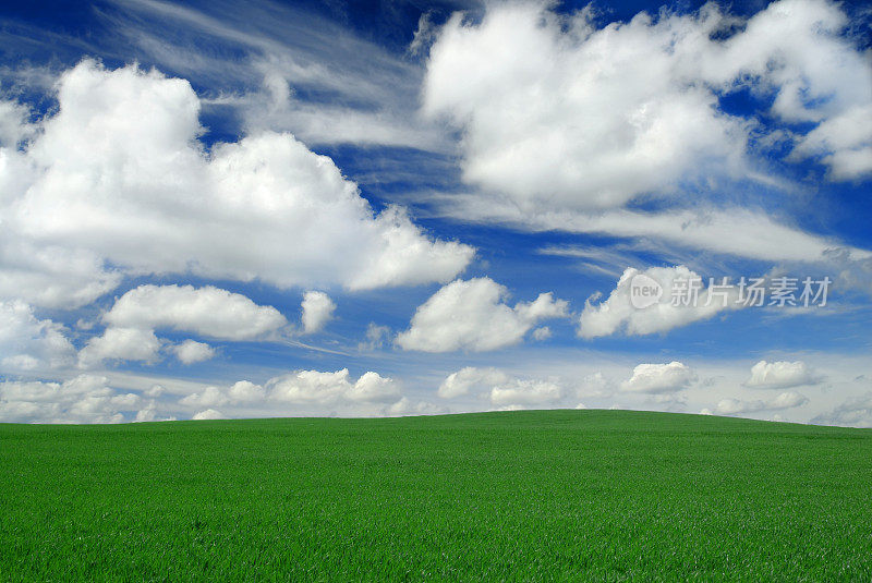绿色的田野，白云和蓝色的天空