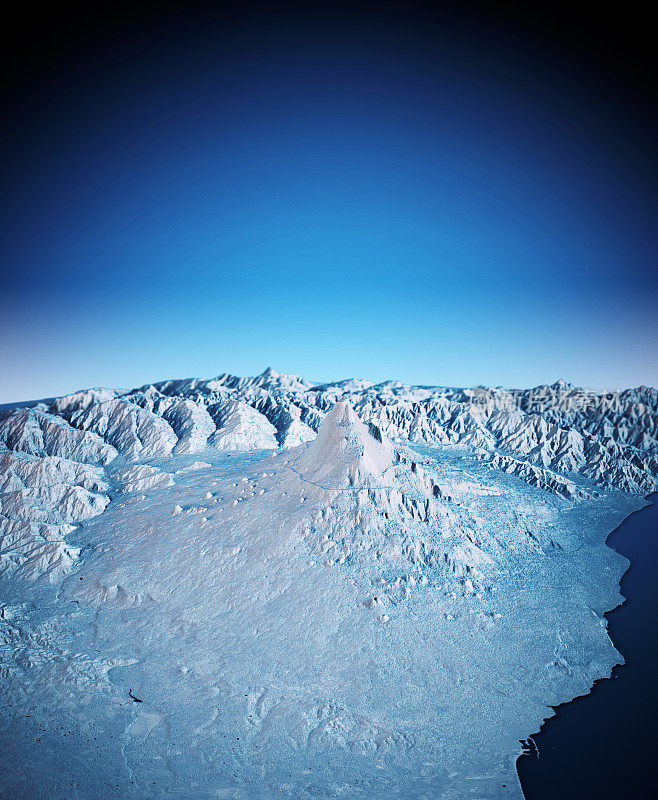 埃特纳火山3D渲染卫星视图地形图垂直蓝色