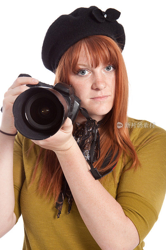 女性摄影师与数字单反相机隔离