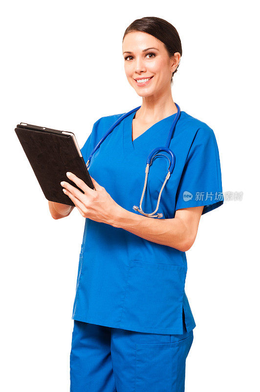 医生护士手持平板电脑在白色