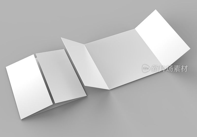 方形单开大门折叠小册子，3面板和六页传单。空白白色3d渲染插图。