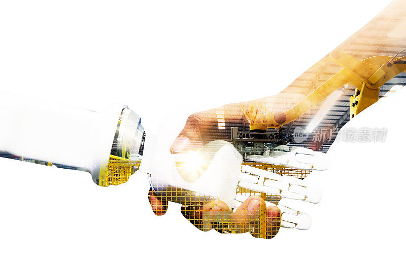 人工智能和机器人概念。工业4.0网络物理系统概念。双曝光机器人和工程师的人握握手和自动化机器的背景。