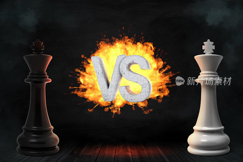 3d渲染的大型黑白棋王站在他们之间的火焰VS字母