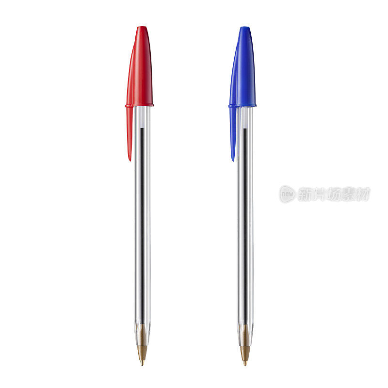 白色背景上的红色和蓝色圆珠笔