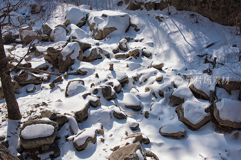 冬天的景色，白雪覆盖的岩石