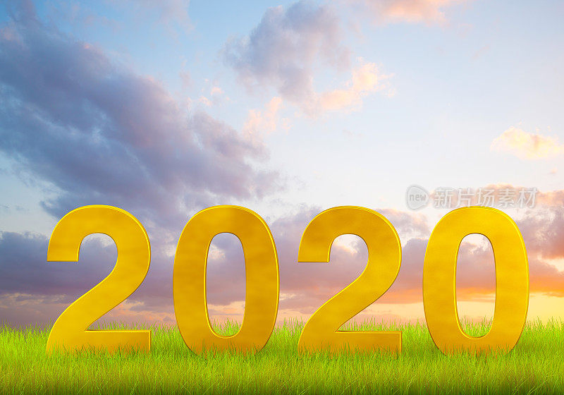 2020文字在苍翠的草地上以云景为背景