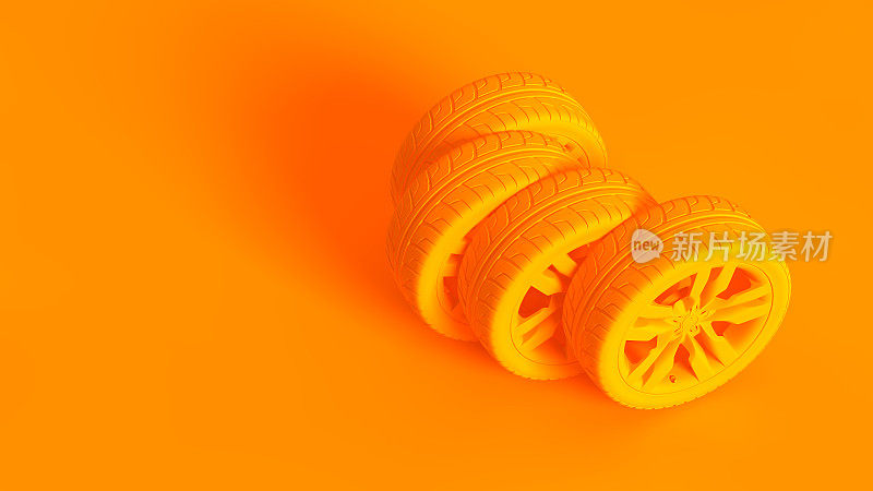 概念上的立体图像。汽车车轮孤立在橙色背景。