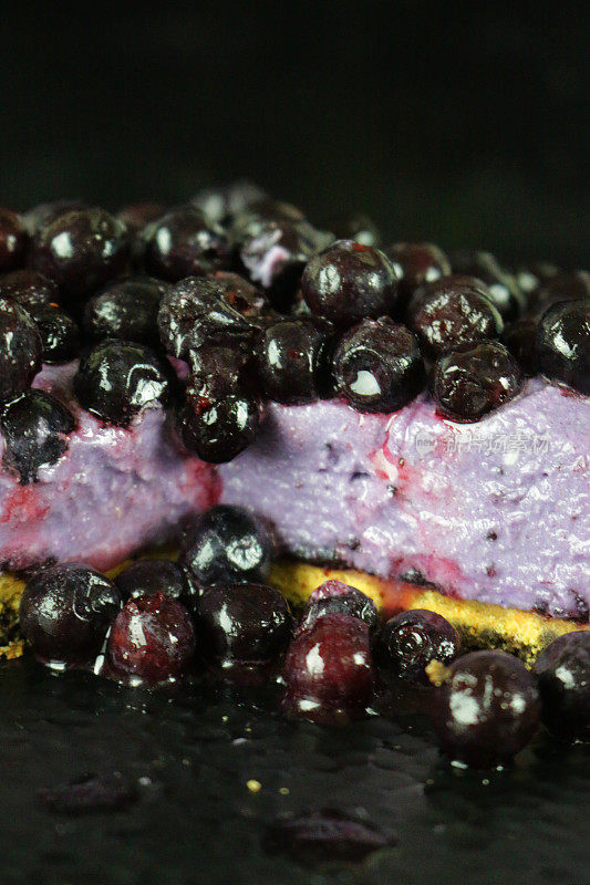 切片蓝莓芝士蛋糕，以黄油饼干为底色，蓝莓马斯卡彭奶油芝士甜点布丁上点缀着新鲜的蓝莓