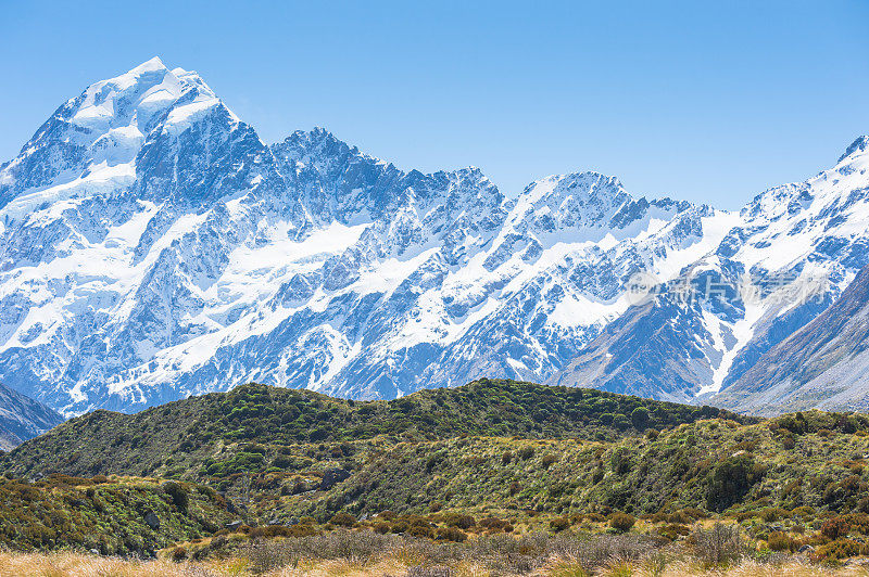 新西兰风景优美的库克山在夏季以新西兰南岛的自然景观为背景