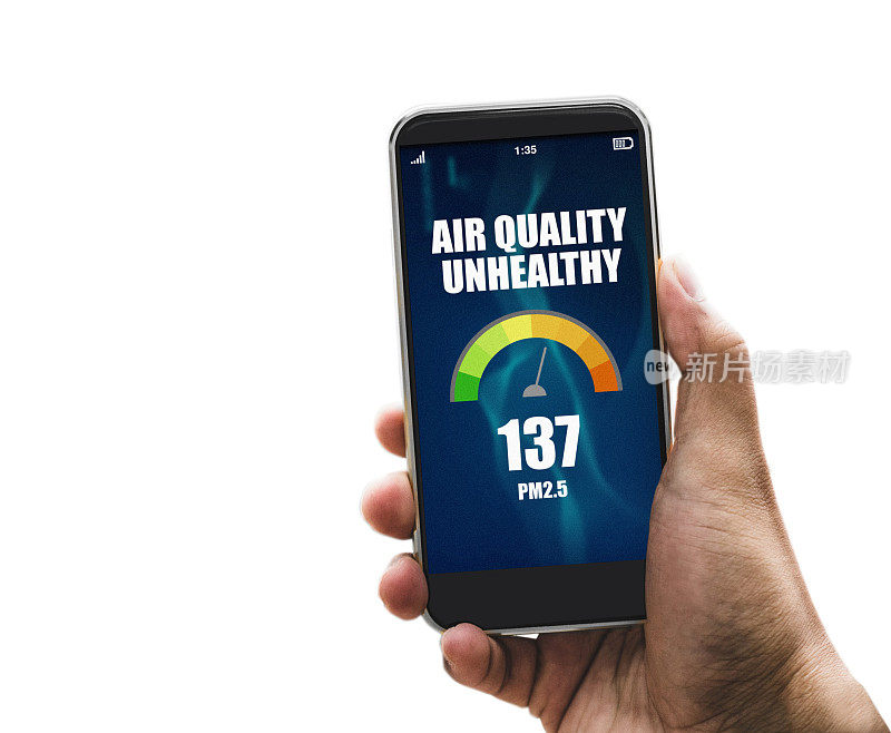 智能手机应用程序的空气质量，污染的白色背景