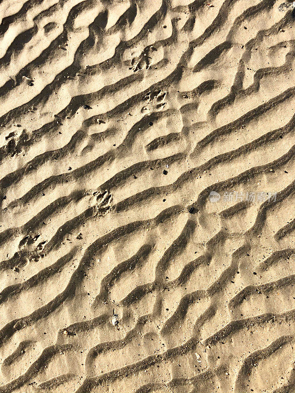 图像的海滩沙波纹墙纸背景，沙图案造成的潮汐和温和的海浪拍打海岸，升高的看法