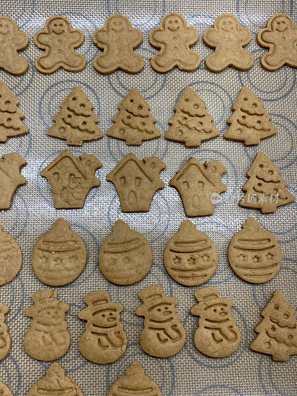 近距离的图像，一排排生的，自制的姜饼饼干在硅胶烤板上，圣诞树，房子，小玩意，雪人的形状，饼干切刀形状的姜饼面团，家庭烘焙，升高的视野