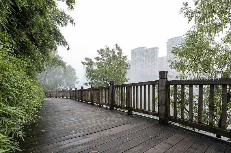 雨后，城市公园的木板路在晨雾中