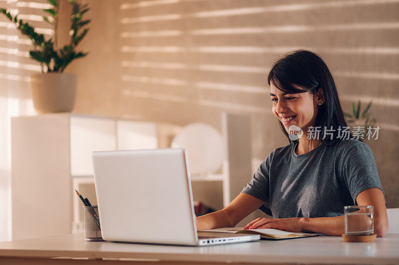 微笑着的年轻女子在笔记本电脑上参加在线商务会议。