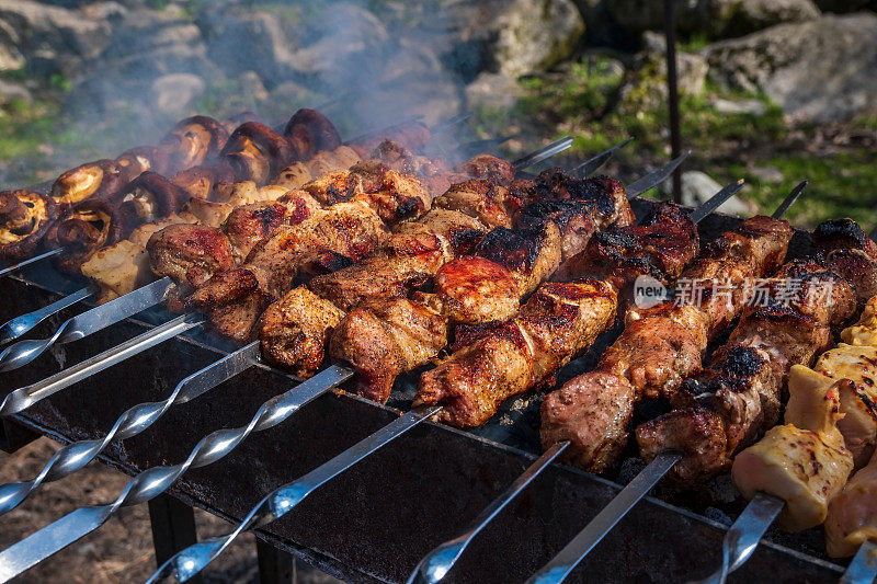把肉串在烤肉串上。烧烤肉。户外野餐。高质量的照片。