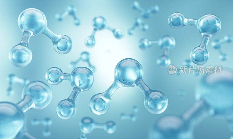 化妆品精华，液体气泡，DNA水飞溅背景液体气泡中的分子。