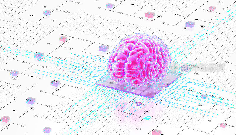 数字人工智能思维概念。概念人工智能大脑芯片。白色Backgound