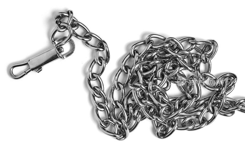 镀镍金属链与钩白色背景，绝缘。