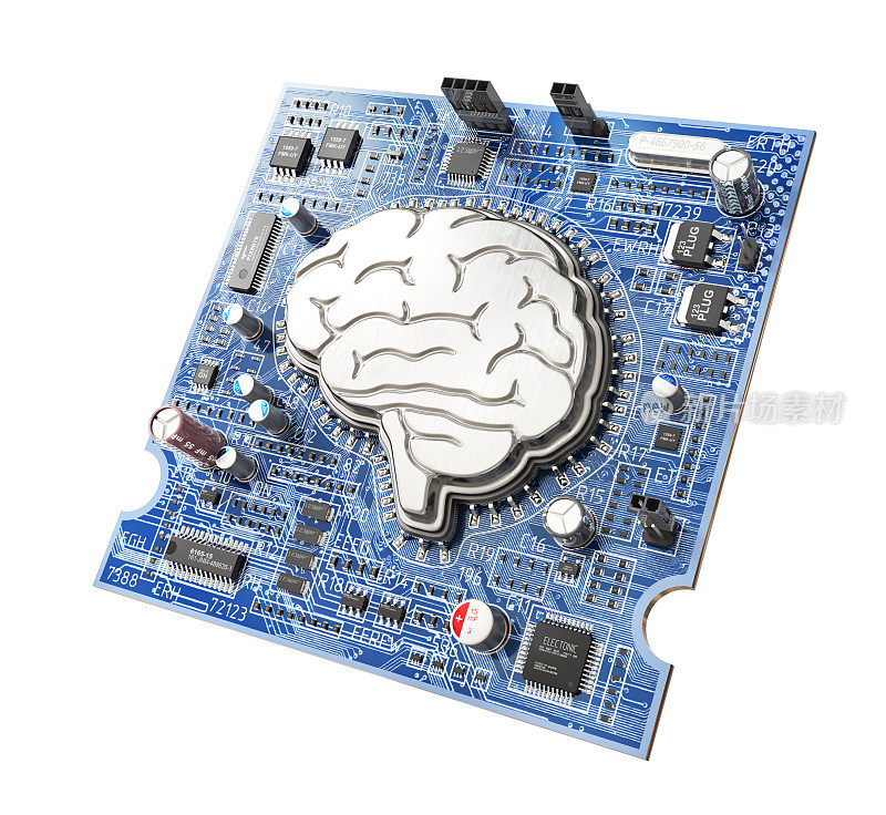 数字大脑。白色背景上人脑形状的电子芯片。三维演示