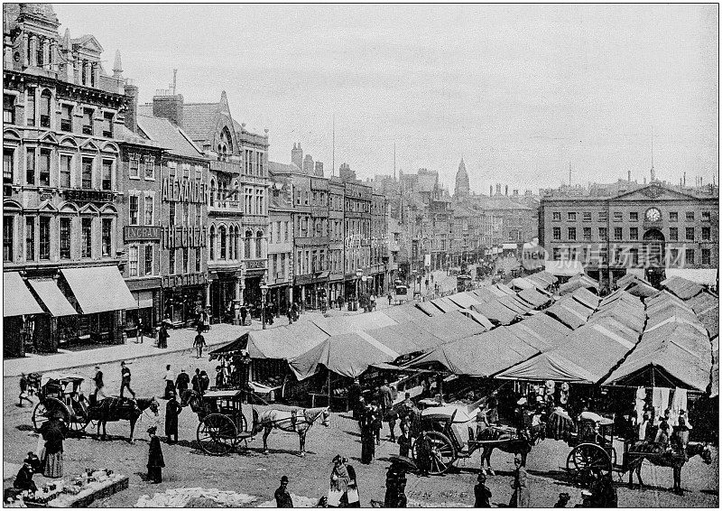 英格兰和威尔士的古董黑白照片:诺丁汉市场广场