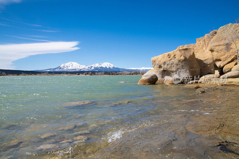 美丽的山湖被雪峰俯瞰