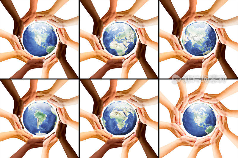 多种族人类手保护地球地球展示地球的不同部分