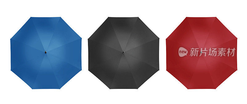 伞顶视图在蓝色，红色和黑色孤立在白色背景。在工作室。