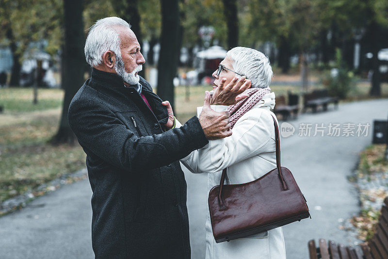 一对在公园里辩论的成熟夫妇