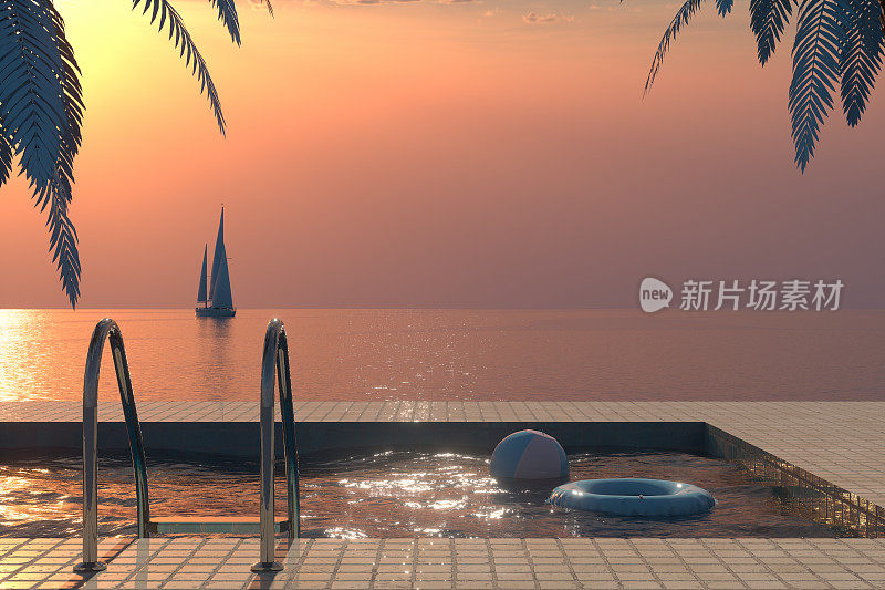 夏季概念与游泳池，海，棕榈树和帆船
