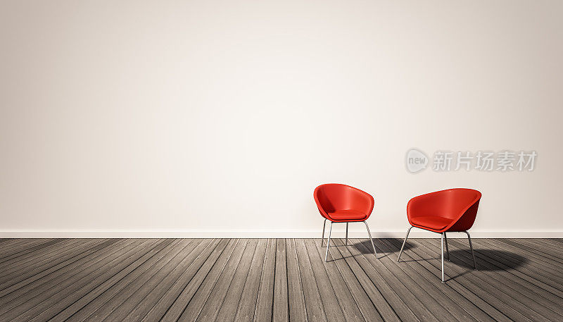 白色的墙，深色的木地板，红色的椅子