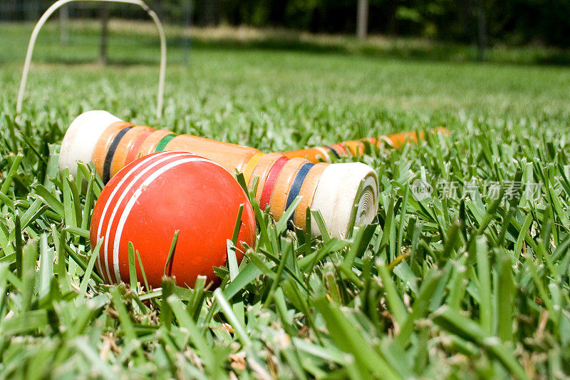 草地上的槌球和球。运动,游戏。Wicket。
