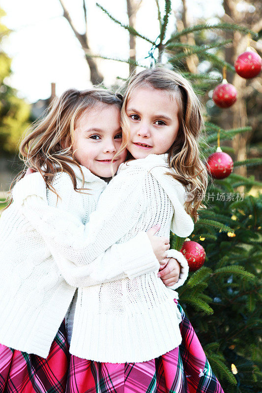 双胞胎女孩在圣诞树旁拥抱