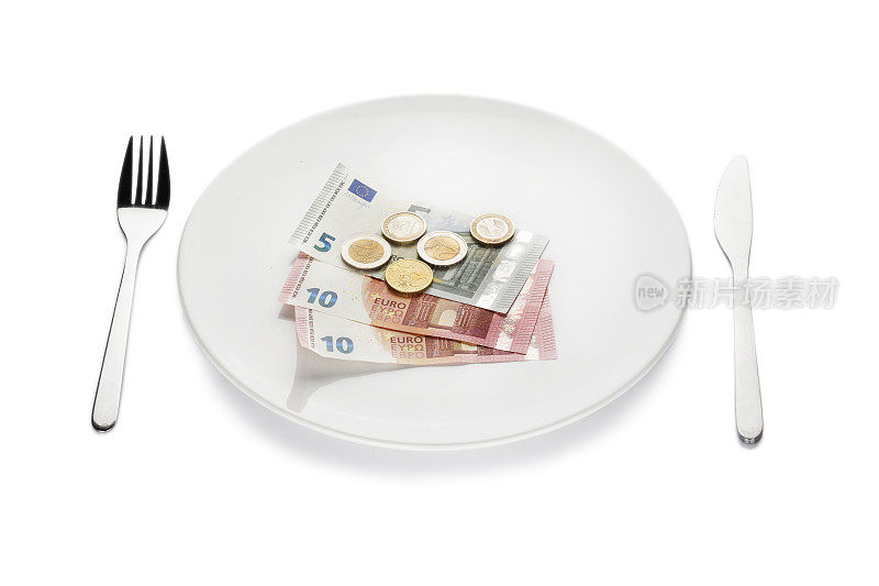 欧元硬币和钞票上的白色盘子