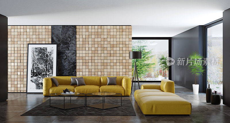 当代黑色极简主义客厅内部与黄色沙发。