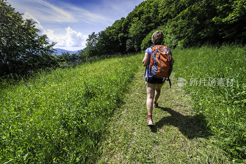 年长妇女徒步旅行朱利安阿尔卑斯山在春天，Primorska，斯洛文尼亚，欧洲