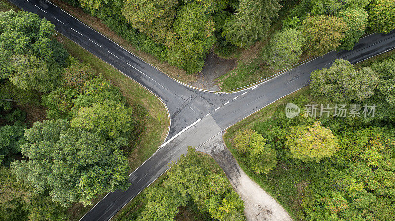 道路交叉口森林鸟瞰图