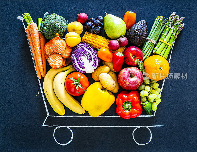 粉笔画的购物车装满了水果和蔬菜