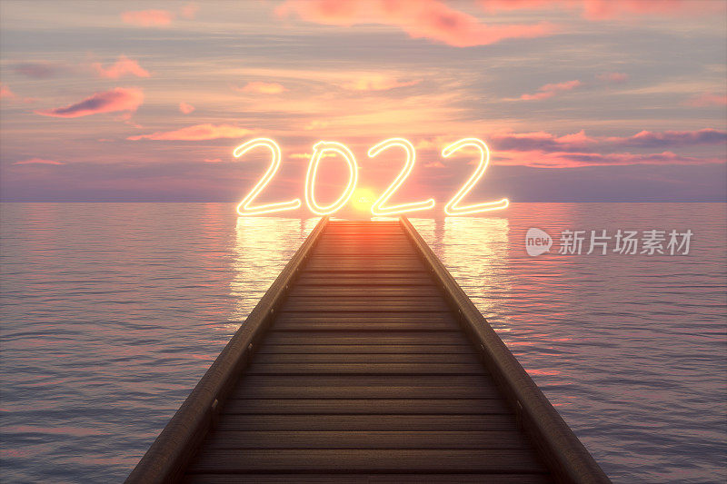 2022年新年，海上木桥码头，日落