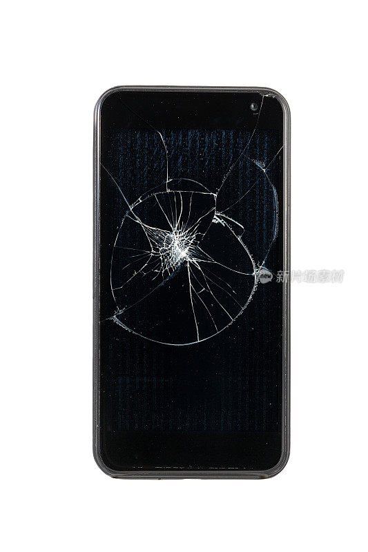 破碎屏幕手机孤立。智能手机屏幕。损坏手机前视图模板，玻璃显示破碎