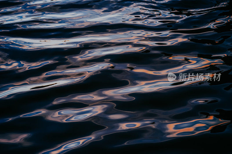 水结构。水反射纹理背景。抽水面、暗水面或含油水面。海洋表面暗自然背景。江水荡漾，湖水荡漾。