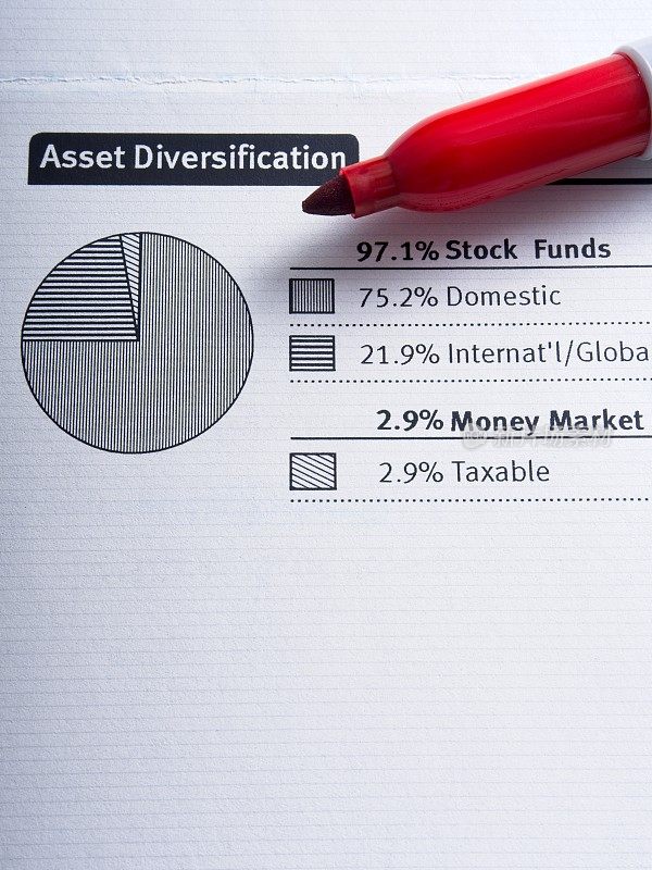 资产多样化，股票经纪账户报表，用饼状图描述多样化