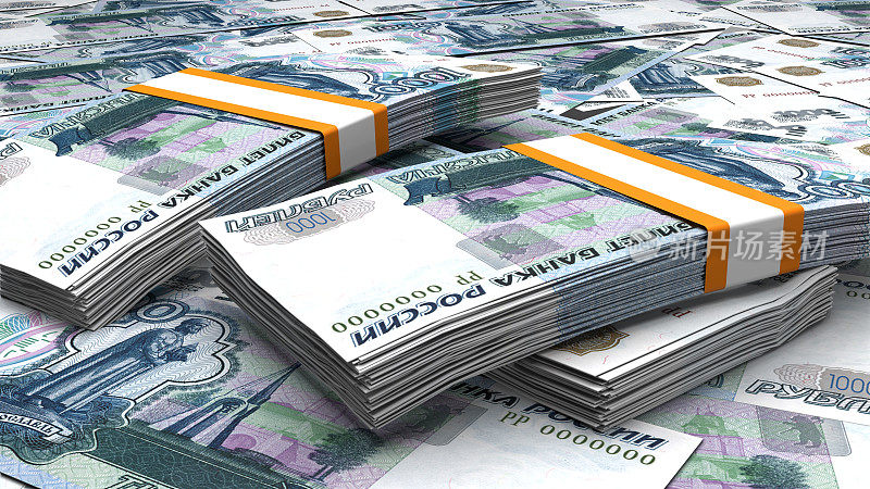 1000卢布货币构成。金融背景。许多钞票和一叠叠的钱。