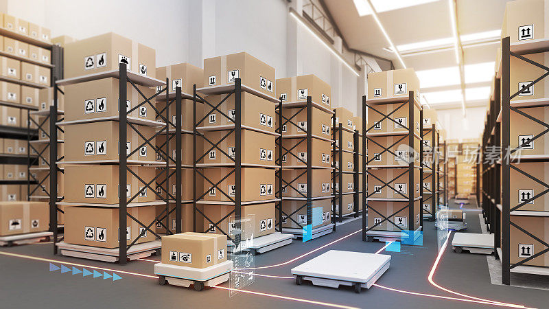 大型仓库使用运输机器人来搬运一排排的货物。，在产品管理连接、仓库与技术、3D渲染等方面采用自动化