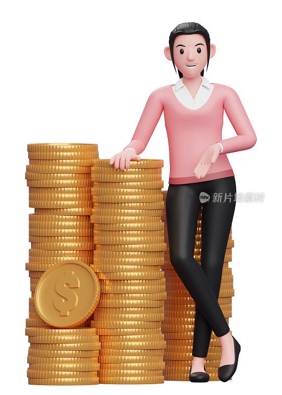 甜美的女孩在粉红色的毛衣与大量的资本，一个商业女人在毛衣持有美元硬币的3d插图
