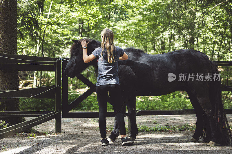 一位不知名的女驯兽师在森林外为一匹黑马梳洗