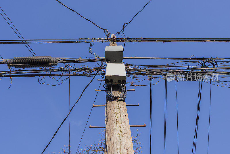 一个古老的木制电线杆，上面覆盖着互联网、电视、电话和电缆。