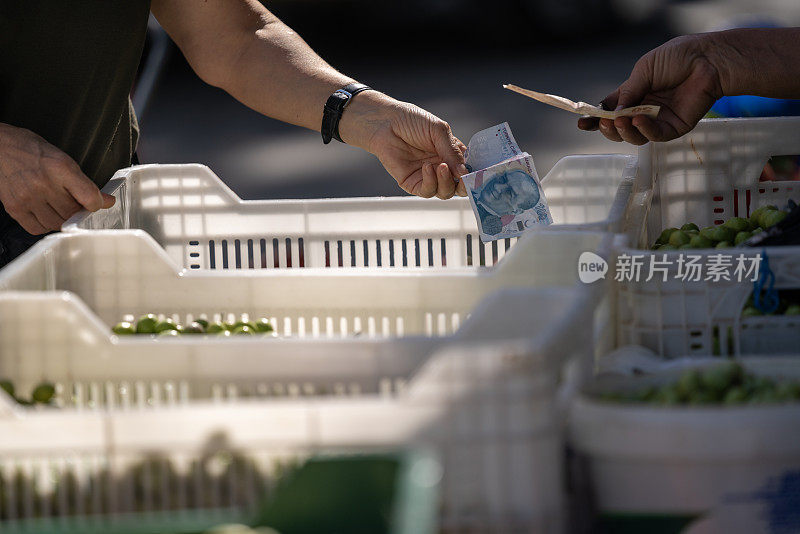 在农贸市场，人们的手互相赠送和索取土耳其里拉的特写照片