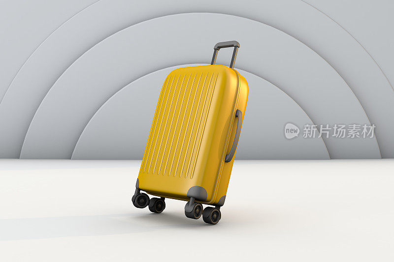 黄色手提箱，手推车袋旅行。三维渲染